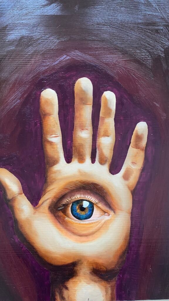 Oil painting of a palm with an eye in the middle by Lorena Krüner