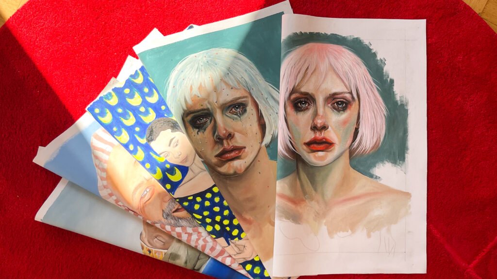 A pile of portraits painted in oil by a female artist Lorena Krüner